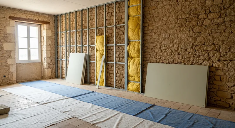 Doublage placo et cloison BA13 dans une maison de pierre à Lavérune