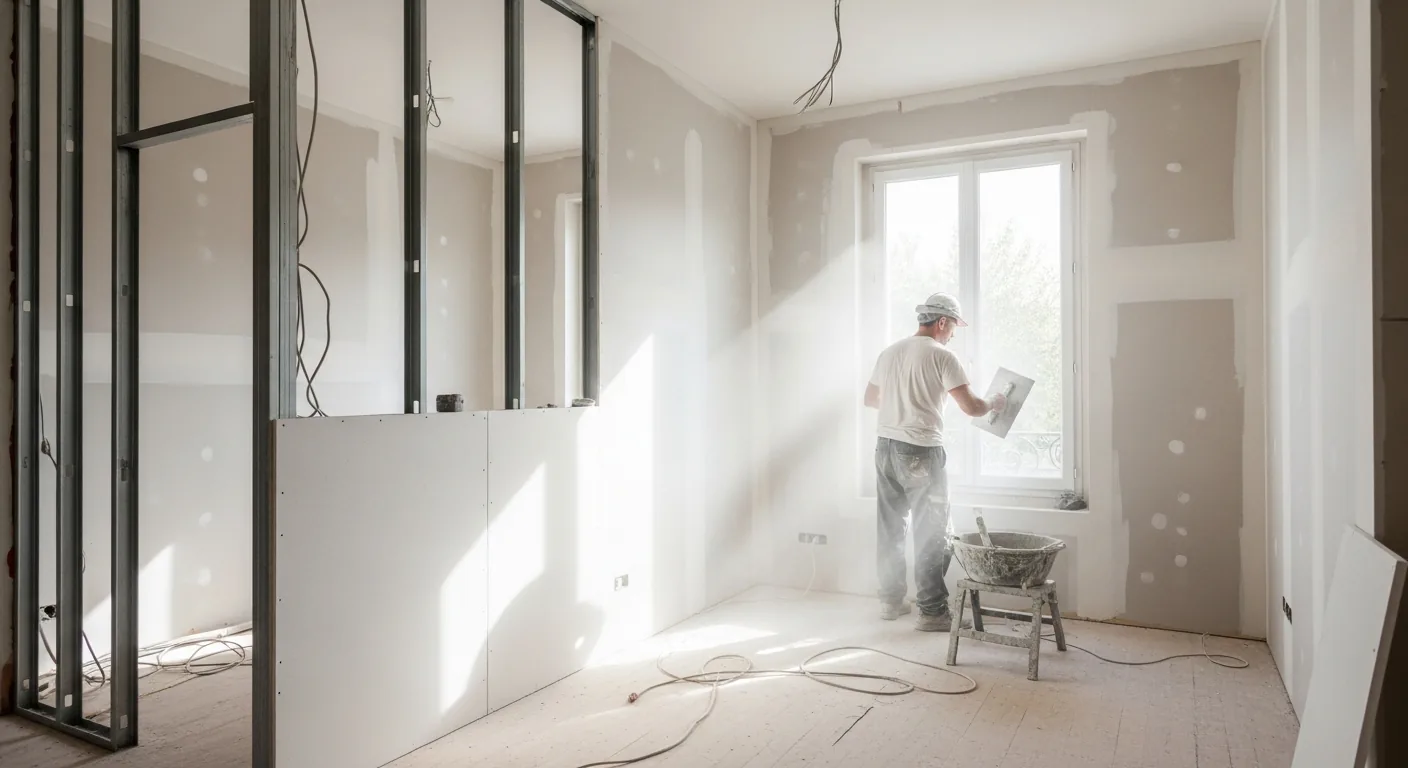 Chantier de pose de cloisons placo par un plaquiste à Montpellier